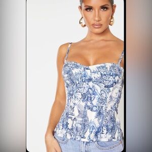 BLUE RENAISSANCE PRINT STRUCTURED CORSET TOP Pretty little thing